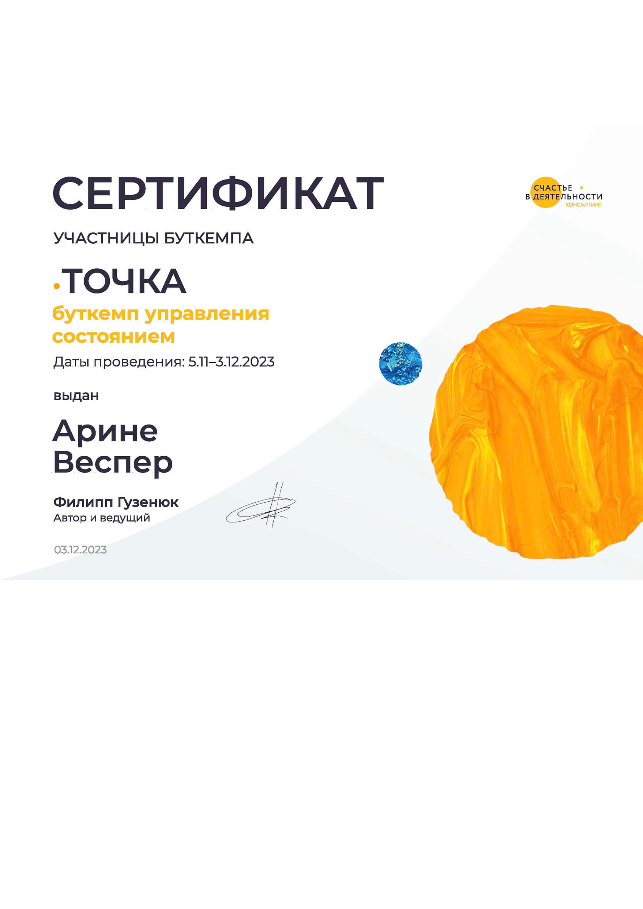 Сертификат за участие в буткемпе Филиппа Гузенюка